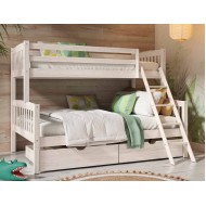 Litera doble con cama matrimonio madera maciza de pino color blanco lavado con cajones 