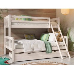 Litera doble con cama matrimonio madera maciza de pino color blanco lavado con cajones 