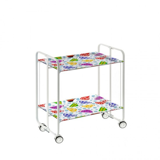 Carrito auxiliar con ruedas Bahuaus armazón blanco 2 bandejas decoradas