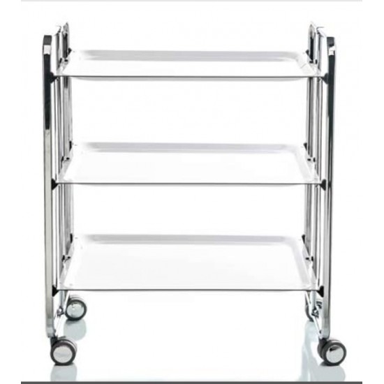Carrito camarera 3 bandejas blancas estructura cromada  Carrito auxiliar Bauhaus metálico cromado-plateado